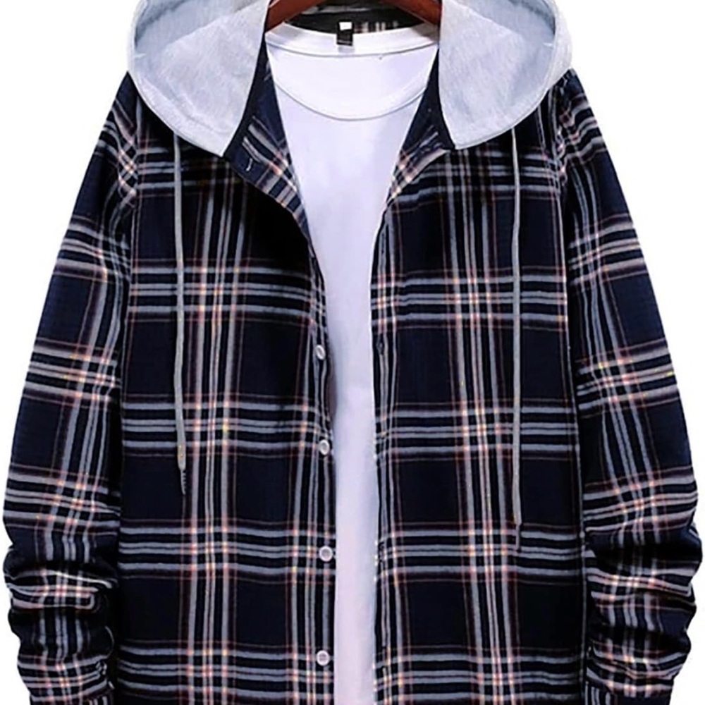 Men's Navy Plaid Hooded Button-Up Jacket